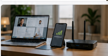 Ilustracyjny router, telefon i komputer w domowym biurze